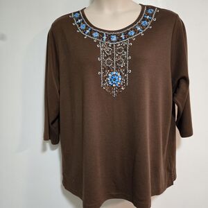 Quacker Factory Plus Size 3X Brown Beaded 3/4 Sleeve‎ Tunic Top A198612